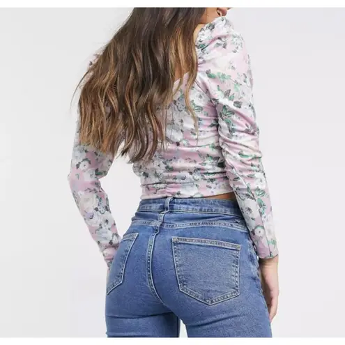 ASOS DESIGN Long Sleeve Crop Top Lace Up Front in Pink Floral Print, Size 8