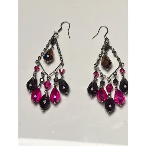 Pink & Purple Crystal Chandelier Drop Earrings French Hooks Pierced Ears Women Purple