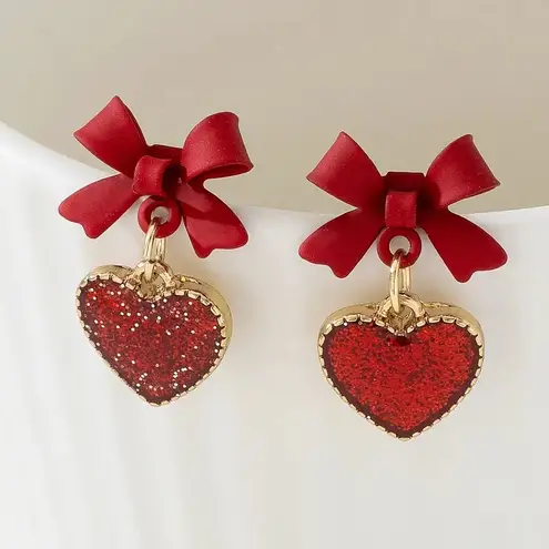 NEW Red Coquette Bow Heart Dangle Earrings Gold Trim Glittery Red Heart Jewelry