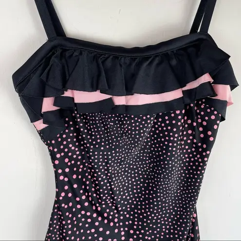 NWT Vintage Robby Len Y2K Polka Dot Ruffle One Piece Swimsuit Sz 14 Pin Up Style Black