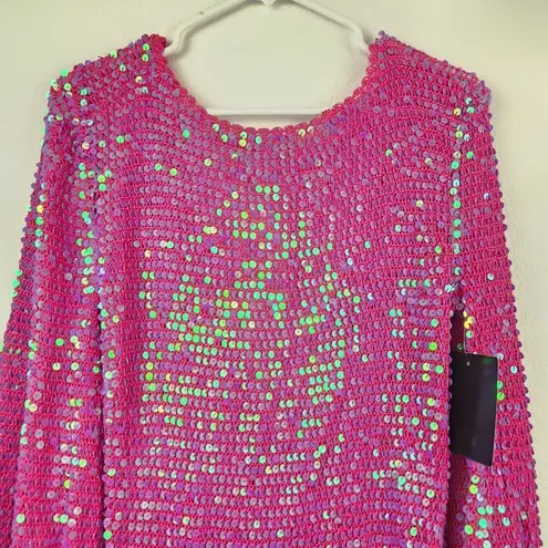 Retrofête Retrofete Tara Crochet Dress Iridescent Pink Long Sleeve XS/S NWT Sequins