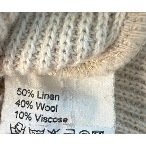 Cloda Linen Wool Cardigan Cream w/Slate Teal Trim Pockets Quiet Luxury Coastal M Green Size M