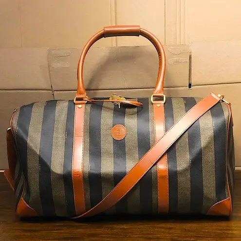 Pequin Pecan Stripe Bandolier Boston Travel Bag with FENDI Shoulder Strap