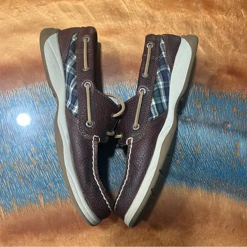 Sperry  Top Sided Intrepid Dark Brown Leather and Blue Plaid Shoes size 8