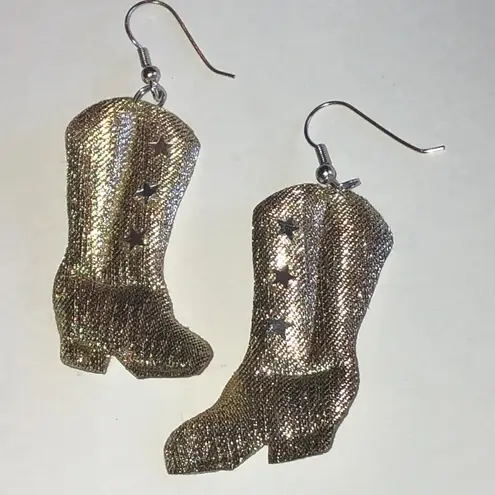 Gold Tone Fabric Cowboy Boot Earrings Silver
