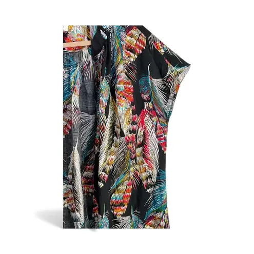 Umgee USA Feather Print Duster Kimono Cardigan Black Multi Color Size Medium