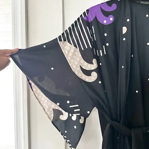 Hanae Mori for Sandcastles Vintage Satin Asian Kimono Slinky Robe Black Purple M Size M