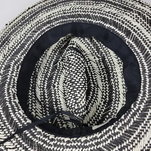 Hinge Two Tone Panama Hat Black White Wide Brim Woven Straw Pom Pom Summer NWOT