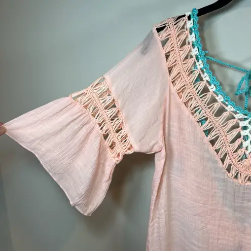 Missguided Pom Pom Crochet V-Neck Cover-Up Dress Swim Peach Open Tie Back Lightweight Large