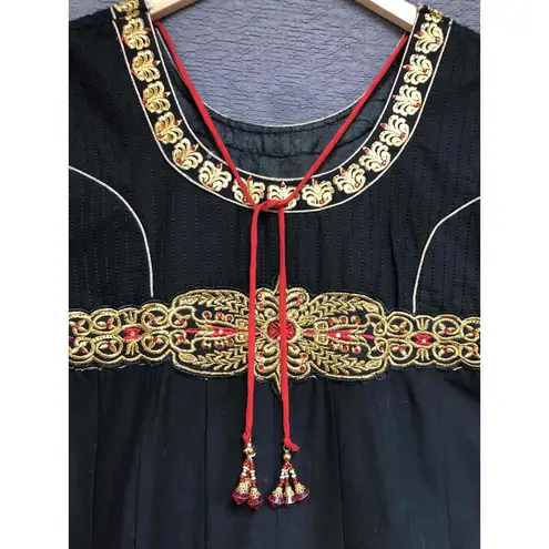 Womens Black Red Gold Anarkali Dress Sleeveless Embroidery Round Neck Size M