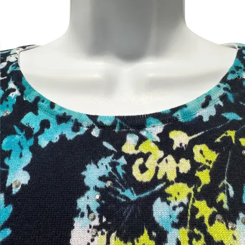 Alfred Dunner PL Floral 3/4 Sleeve Top Navy Cotton Knit Rhinestone Sparkle