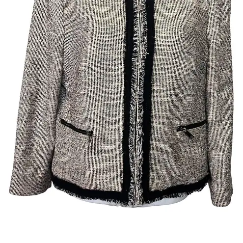 LK Bennett Tweed Fringe Blazer Women’s Size 12 Pink Shoulder Pads Zip Jacket Black
