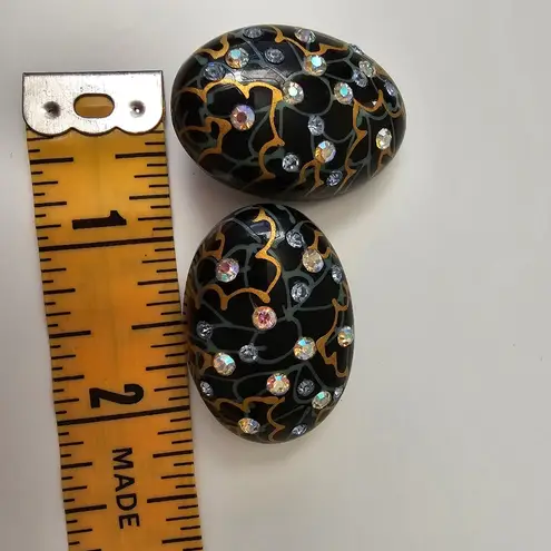 Hand painted Black Wood Aurora Borealis Rhinestone Vintage Statement Earrings Blue