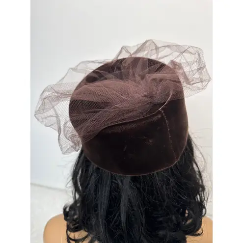 Vintage 1950s Betmar Brown Velvet Pillbox Hat with Veil & Jewel Accent