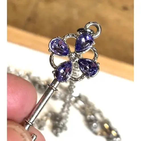 Silver Key Pendant Necklace With Purple Gemstone Accents & Chain