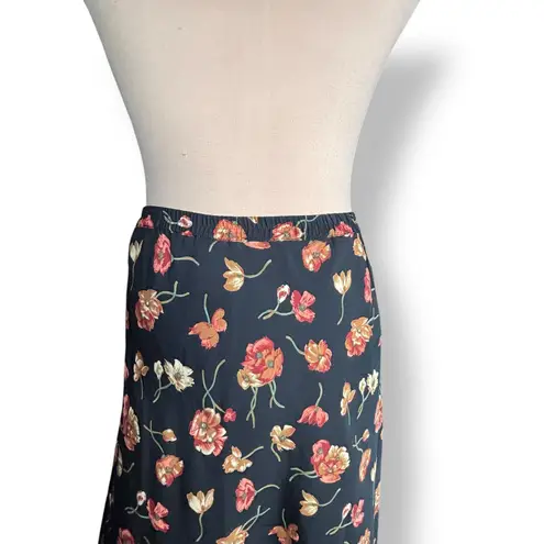 Vintage 90s Halston Black Red Dark Floral Maxi Skirt Side Button Size 12 Fall