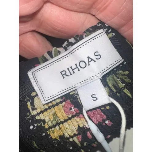 RIHOAS Floral Midi Dress Tie Strap Square Neck Black Yellow Spring Summer S