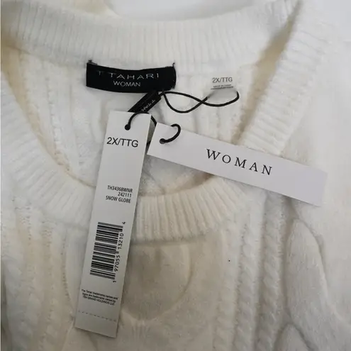 T Tahari Womens 2X Crewneck Cable Knit Pullover Sweater in Snow Globe White NEW