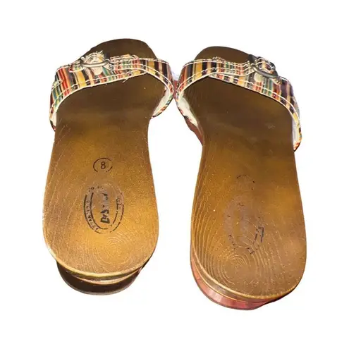 Dr. Scholls Vintage  Multicolored Leather Strap Wooden Clogs Slip On Sandals 8