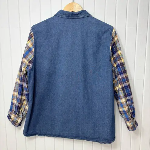 Country Store Cotton blend Denim Shirt with Plaid Sleeves Size 1X Blue