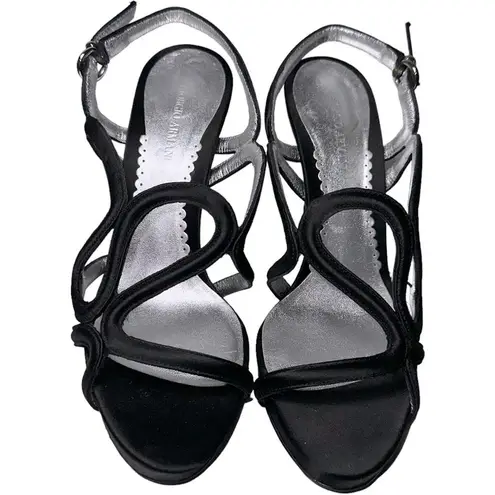 Giorgio Armani Women’s Size 6 Black Satin Strappy Open Toe Silver Jeweled Heels