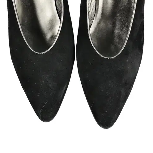 PETRA Black Pumps Suede Silver Leather Trim Cone Heels Almond Toe Italy 7.5 EUC
