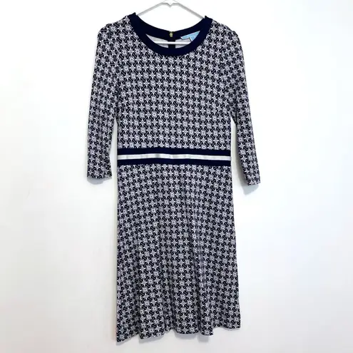 Draper James Honeycomb Floral Dress Navy Blue White 3/4 Sleeve Fit & Flare Dress