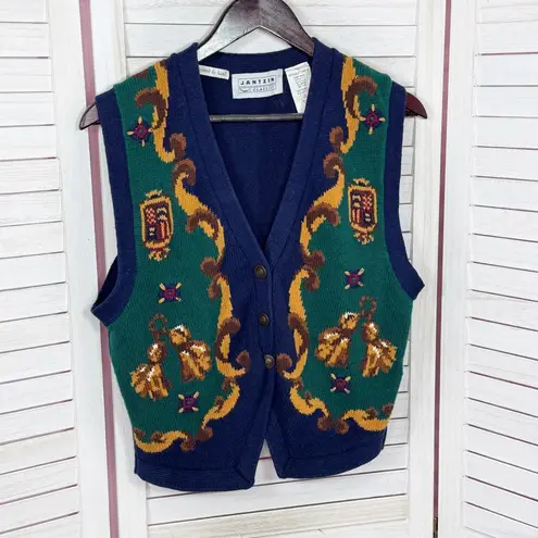 Jantzen Vintage 80s Baroque Equestrian V Neck Sweater Vest Blue Small