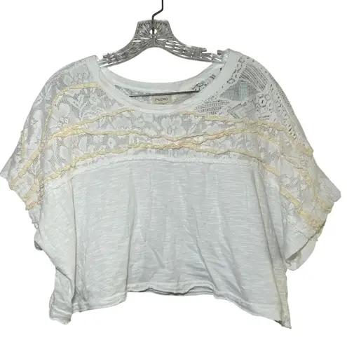 Pilcro Lace Torn Tee White Lace Trim Cropped Boho Top M coquette girly beach