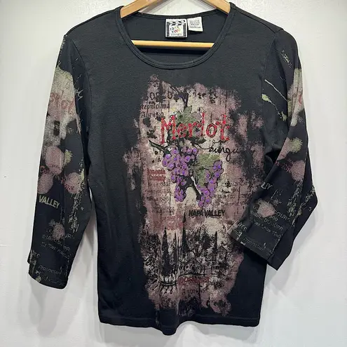 Rhinestone Merlot Wine Napa Valley Motif on Black 100% Cotton 3/4 Sleeve Top Size L