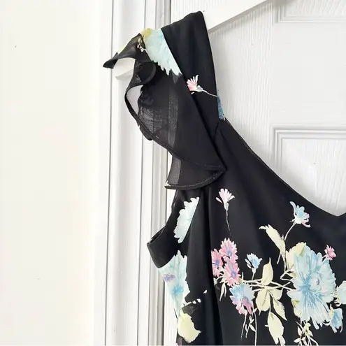 Evan Picone Black Floral 90s V Neck Flutter Sleeve Midi Sun Dress 10P Lined