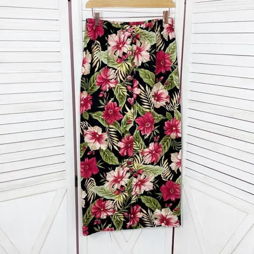 Haggar Vintage Linen Tropical Flower Print Button Front Maxi Skirt Black Pink 8