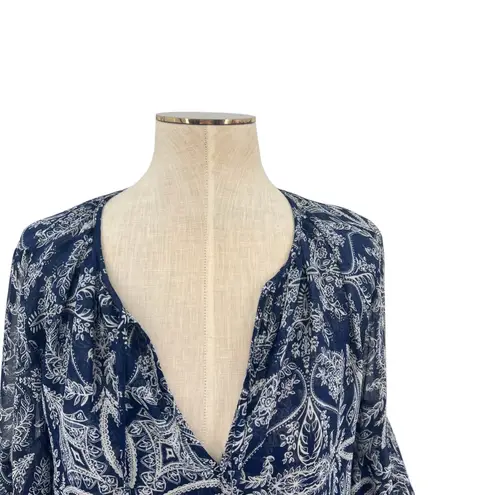 MISA Los Angeles Maya Bell-Sleeve Top Paisley Pom Trim Navy Blue Size XS