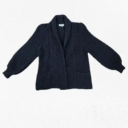 1980s Black Boucle Knit Shawl Cardigan Minimalist Wool Blend Jacket Size Small