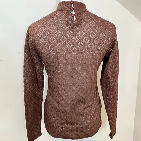 Manuela Semi Sheer Brown Lace/ Crochet Mock Neck Long Sleeve Top S Brown