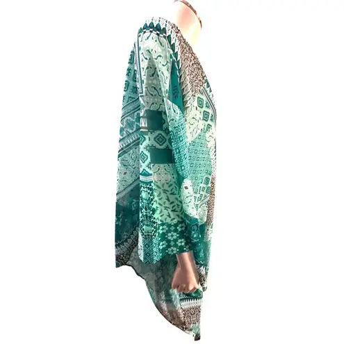 CCC Bohemian Style Patchwork Cape Lightweight Sheer Fabric Elegant Turquoise Whi Green Size XL
