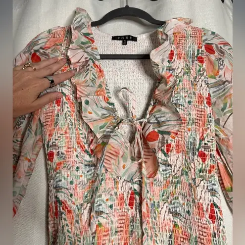 FORE Floral Ruffle White Orange Smocked Long Sleeve Dress Medium