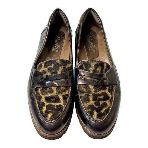 EARTHIES Braga Cow Hair Leopard Print Brown Patent Leather Loafer Shoes Sz 8.5B