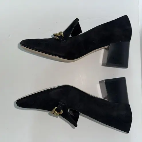 Vis Spiga Women’s Black Suede Block Heel Loafers Size 7 Chain Detail Slip On