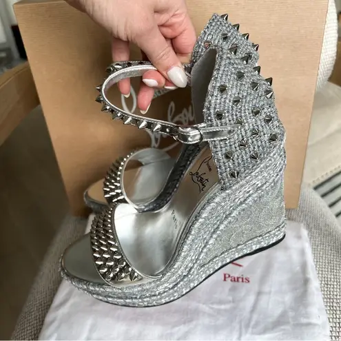 Christian Louboutin  Madmonica 120 Leather Espadrille Wedge Sandals - Silver