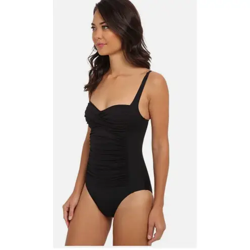 La Blanca Swimsuit Womens 14 Black One Piece Ruched Adjustable Straps Lined