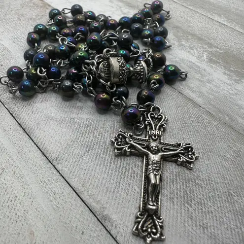 Vintage Black Iridescent Glass Bead Rosary, Catholic Prayer Beads, Crucifix