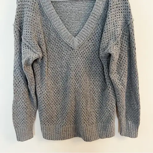 Aerie  Open Knit V-neck Pullover Sweater Gray Size Small Long Dolman Sleeves