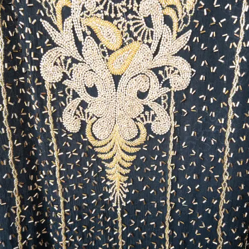 Lisa Kane Fantasy by Black and Gold Fully Beaded Silk Maxi Dress Size Small