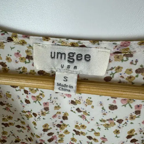 Umgee Patchwork Floral Peasant Tunic Top Small Sheer Smocked Metallic Cottage Green