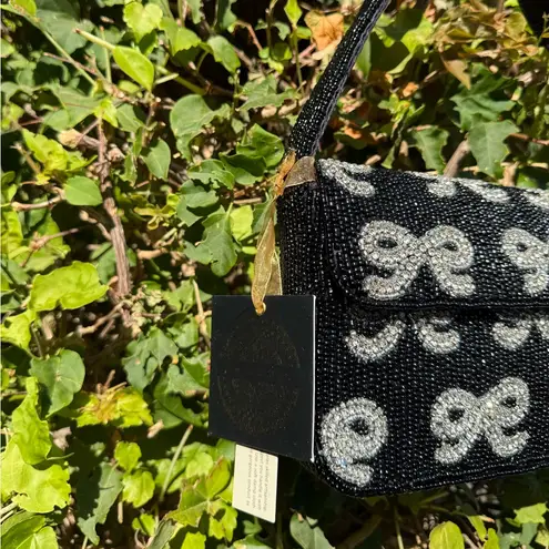 NWT Viral Bow Black Silver White Rhinestone Beaded Bag Made in India Handcrafted