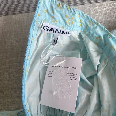 Ganni NWT Shirred Floral Organic Cotton Blend Poplin Blouse Puff Sleeve Blue