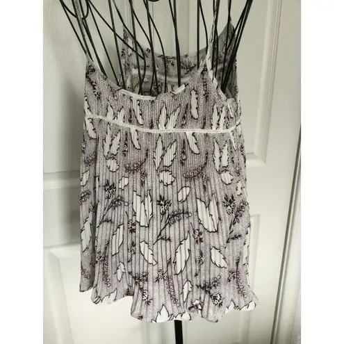 Chelsea 28 Pleated Cami Spaghetti Strap Tank Swing Top White Brown Pattern Sz S