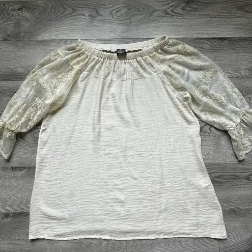 Cal Style Tunic Dress Off the Shoulder 3/4 Lace Sleeve Beige Boho Chic Festival Tan Size L