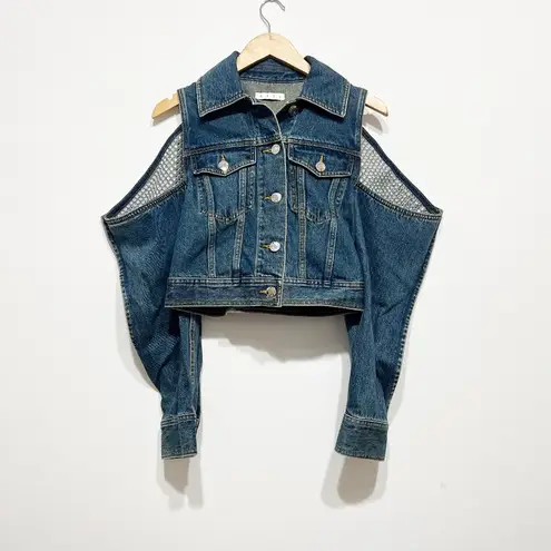 Area Cutout Crystal Jewel Diamond Embellished Denim Jean Cotton Jacket Blue XS